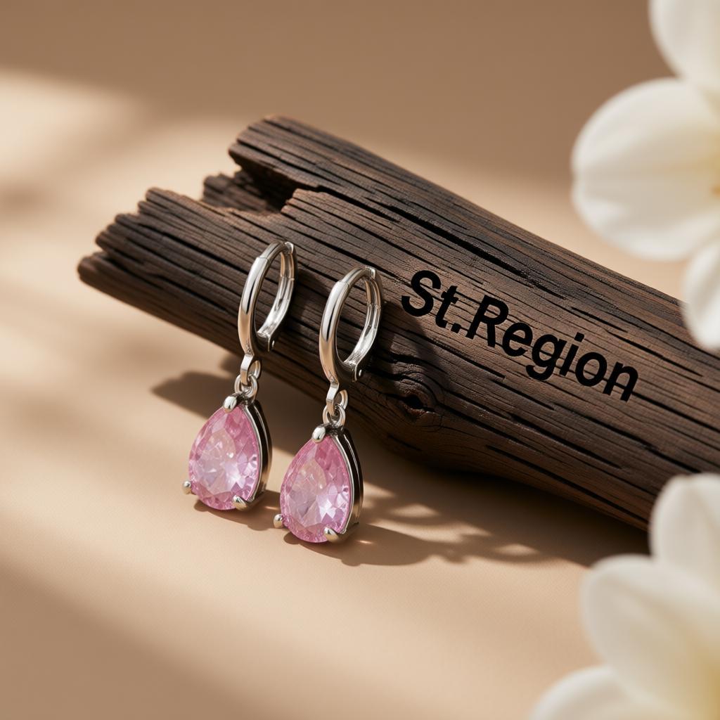 Pink Crystal and Silver-Plated Teardrop Leverback Earrings, silver huggie earrings, elegant gift for her, front view
