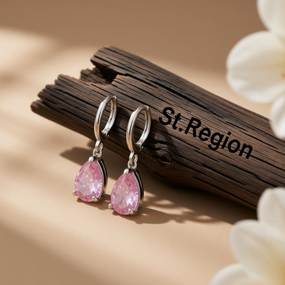 Pink Crystal and Silver-Plated Teardrop Leverback Earrings, silver huggie earrings, elegant gift for her, front view