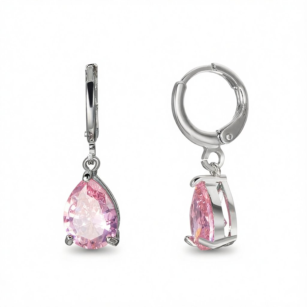 Pink Crystal and Silver-Plated Teardrop Leverback Earrings, silver huggie earrings, elegant gift for her, side view