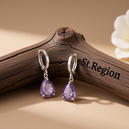 Purple Crystal and Silver-Plated Teardrop Leverback Earrings, silver huggie earrings, vintage-inspired design, front view