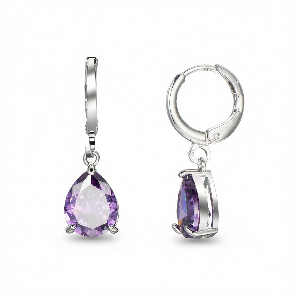 Purple Crystal and Silver-Plated Teardrop Leverback Earrings, silver huggie earrings, vintage-inspired design, side view