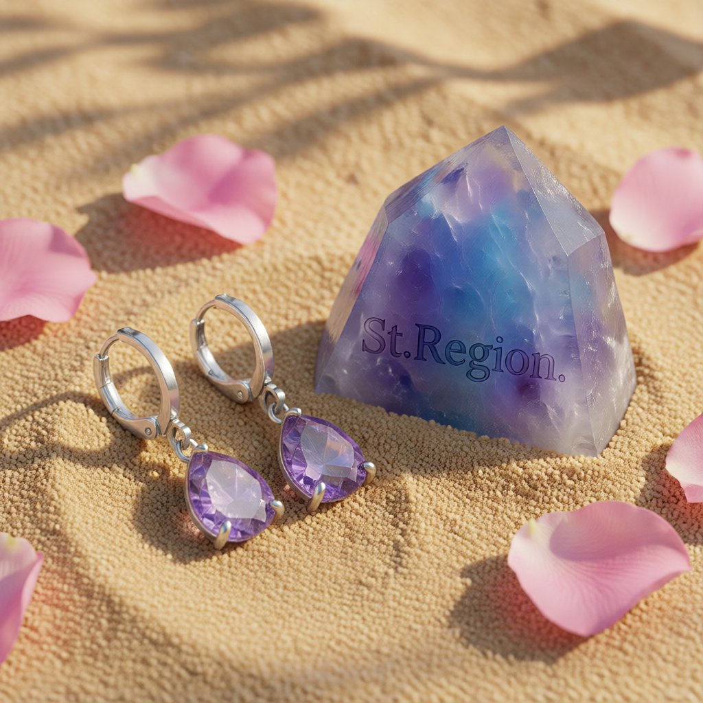 Purple Crystal and Silver-Plated Teardrop Leverback Earrings, silver huggie earrings, detail close-up