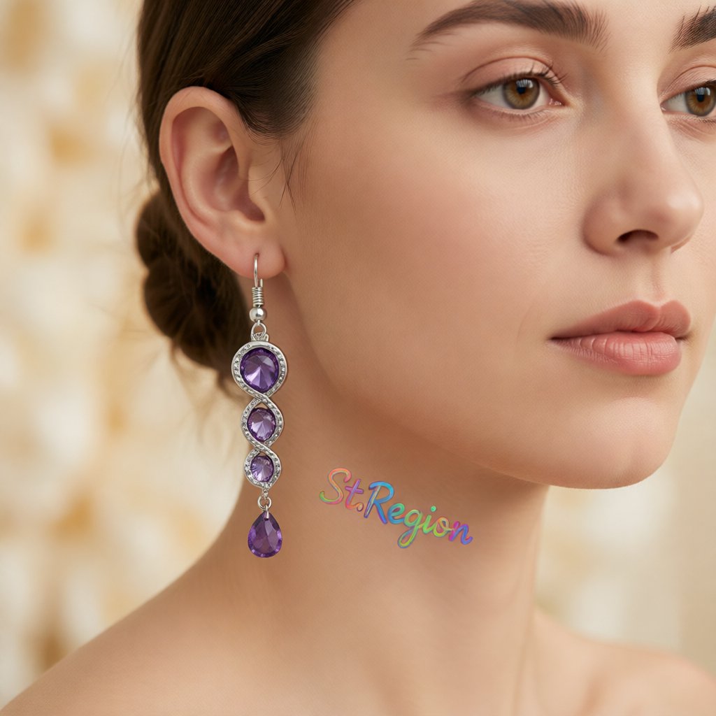 Purple Crystal and Silver-Plated Tiered Circle Drop Earrings, silver drop earrings for women, styled look