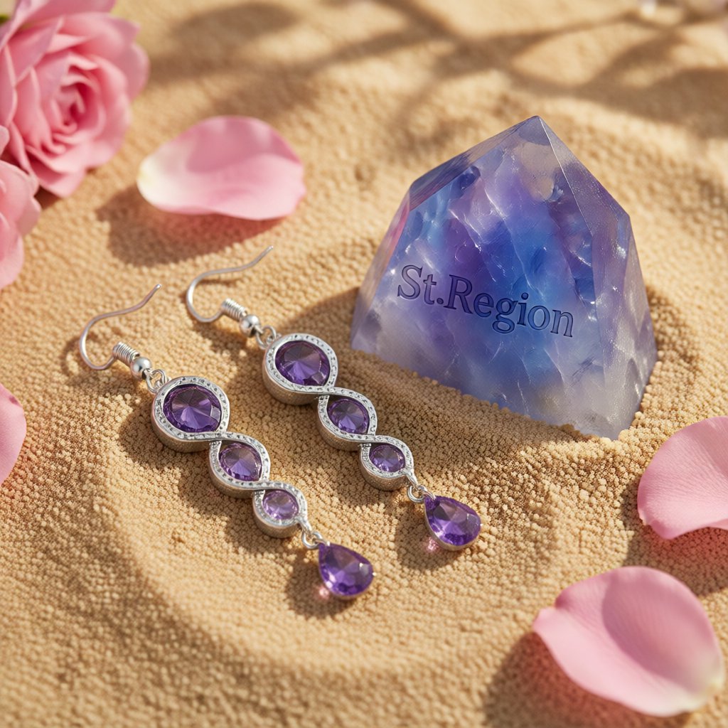 Purple Crystal and Silver-Plated Tiered Circle Drop Earrings, silver drop earrings for women, detail close-up