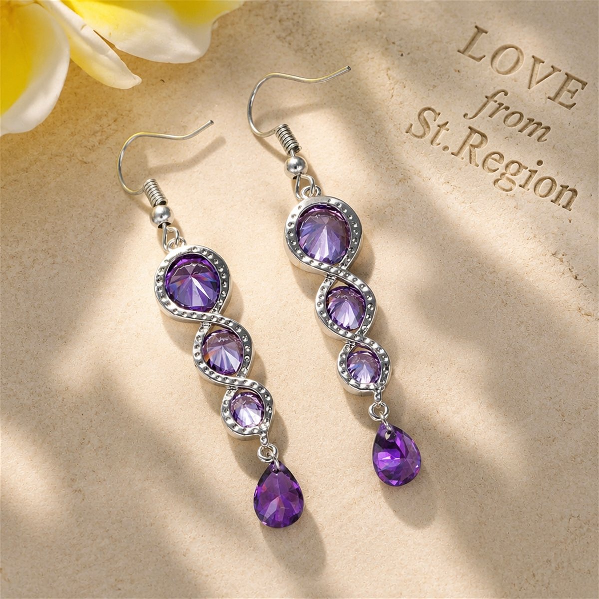 Purple Crystal and Silver-Plated Tiered Circle Drop Earrings, silver drop earrings for women, lifestyle look
