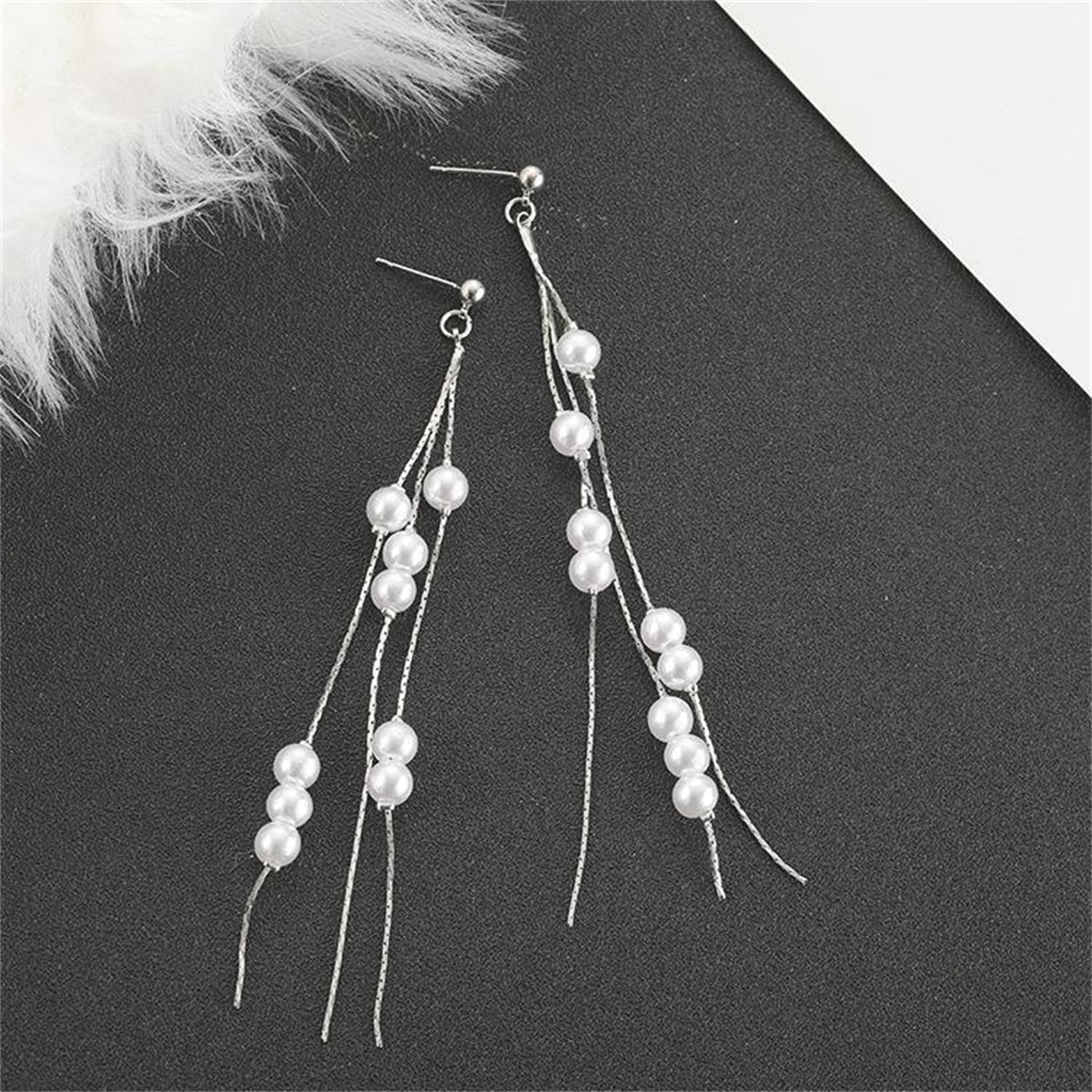 Pearl and Silver-Plated Cluster Tassel Dangle Earrings, silver drop earrings for women, dainty minimalist design, front view