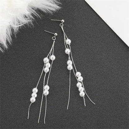 Pearl and Silver-Plated Cluster Tassel Dangle Earrings, silver drop earrings for women, dainty minimalist design, front view