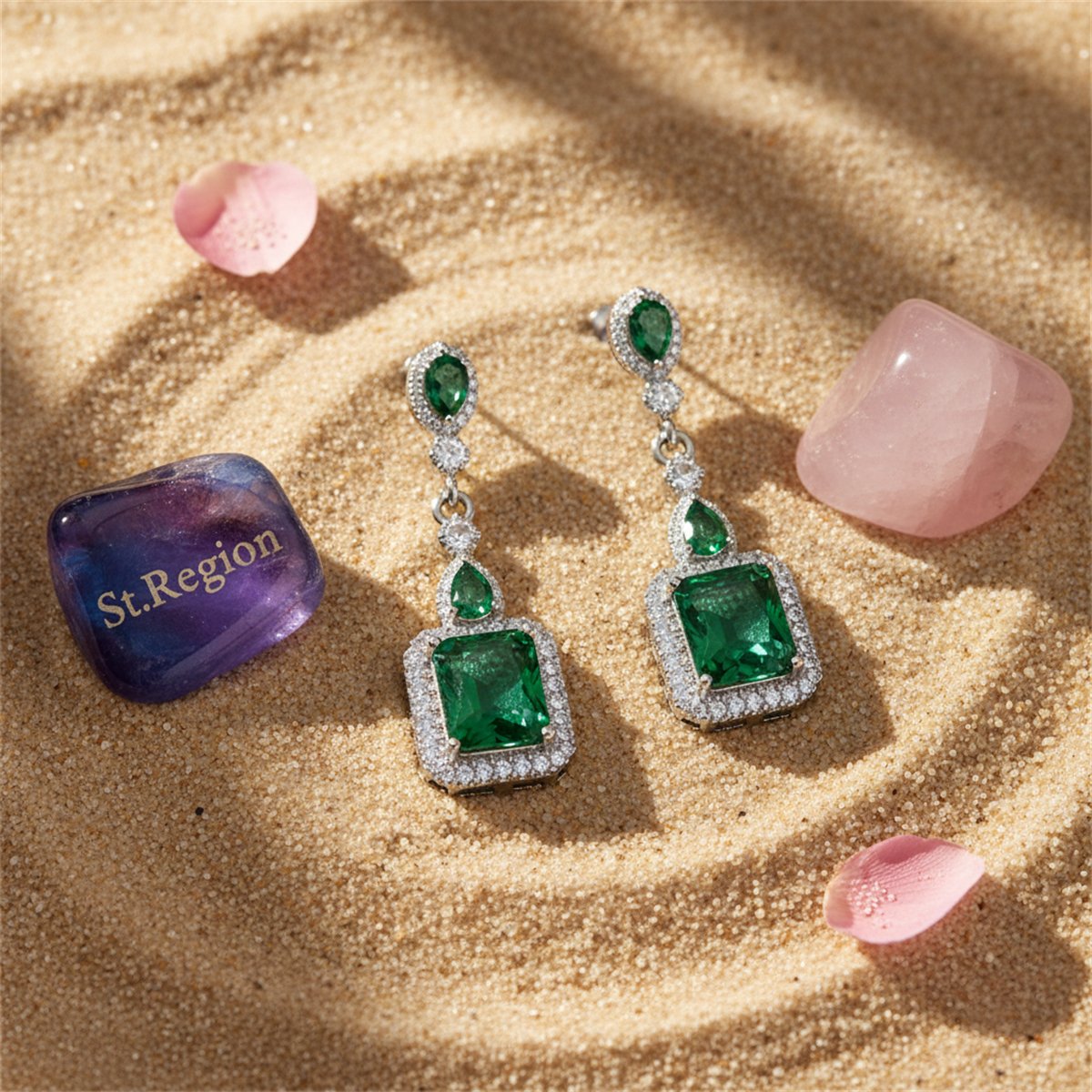 Green Crystal and Silver-Plated Emerald-Cut Drop Earrings, silver drop earrings for women, detail close-up