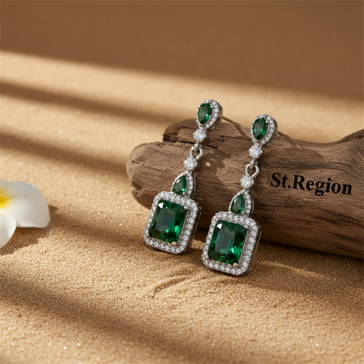 Green Crystal and Silver-Plated Emerald-Cut Drop Earrings, silver drop earrings for women, elegant gift for her, front view