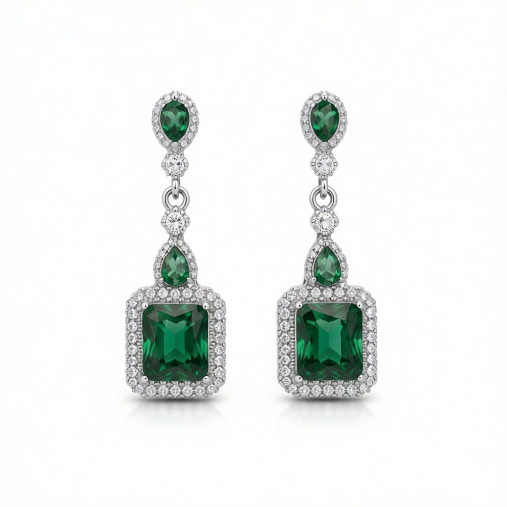 Green Crystal and Silver-Plated Emerald-Cut Drop Earrings, silver drop earrings for women, elegant gift for her, side view