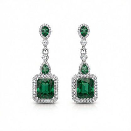 Green Crystal and Silver-Plated Emerald-Cut Drop Earrings, silver drop earrings for women, elegant gift for her, side view