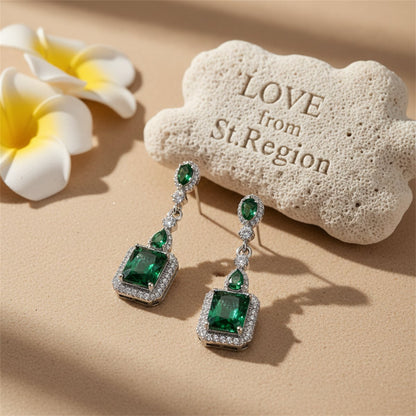 Green Crystal and Silver-Plated Emerald-Cut Drop Earrings, silver drop earrings for women, lifestyle look