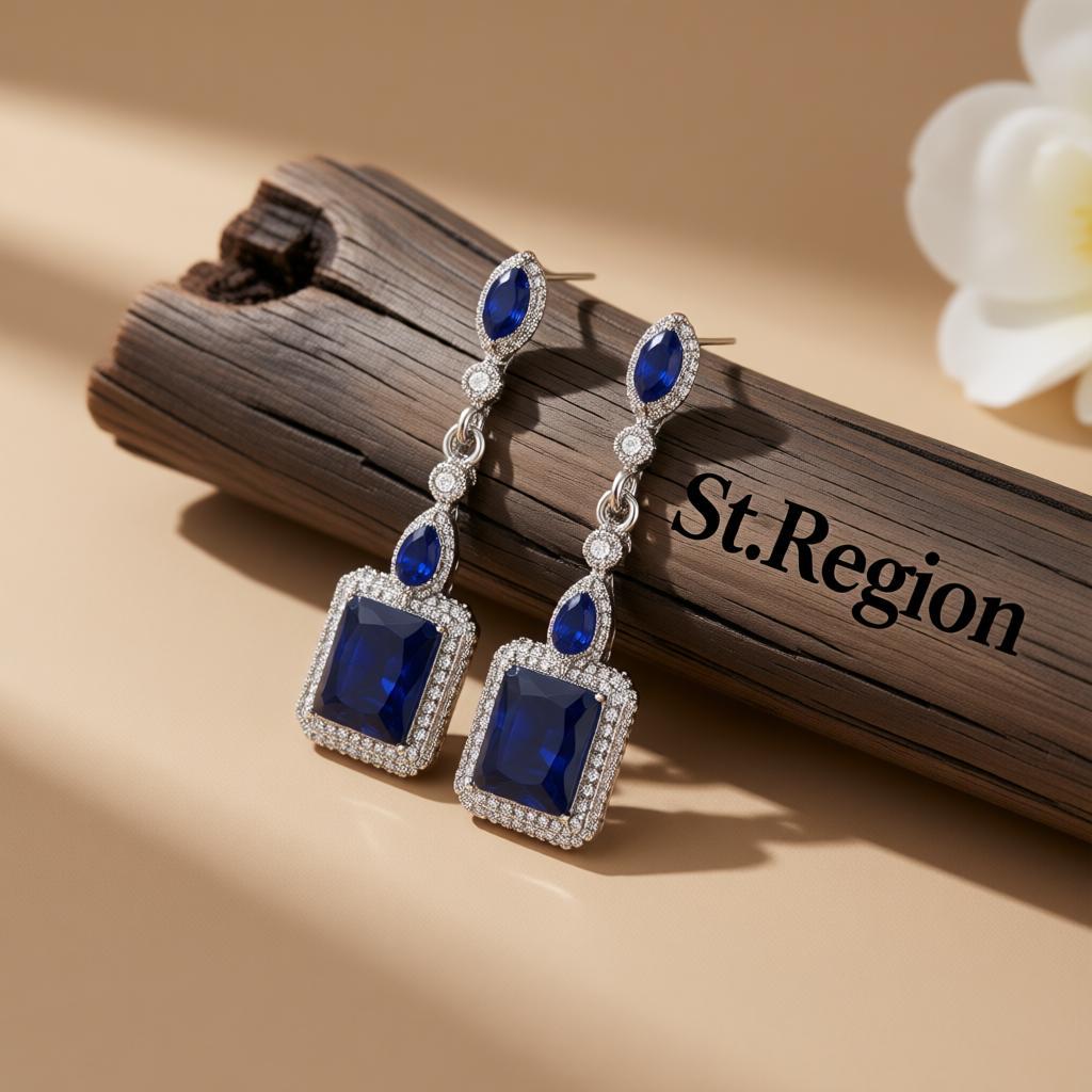 Navy Crystal and Silver-Plated Radiant-Cut Halo Drop Earrings, silver drop earrings for women, front view