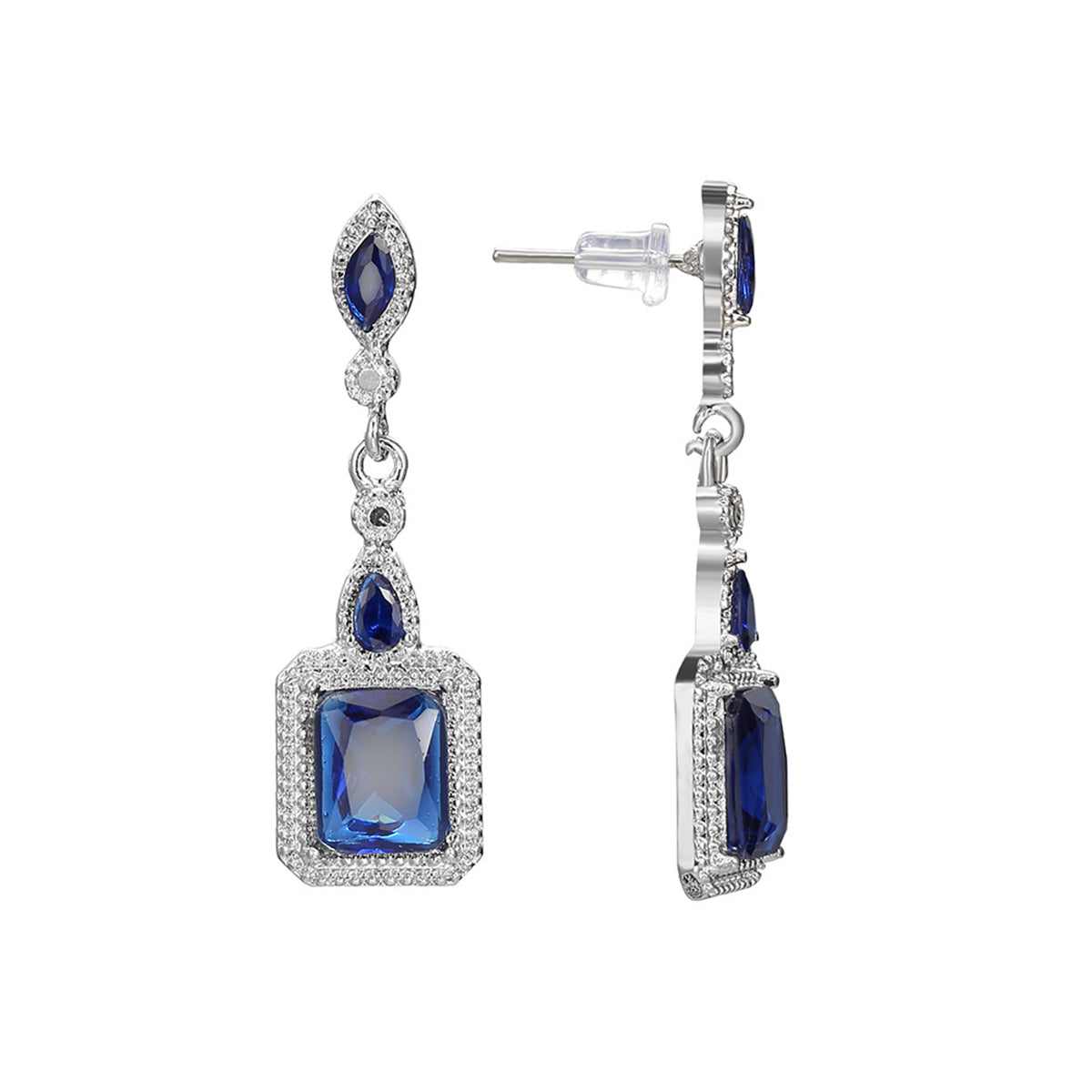 Navy Crystal and Silver-Plated Radiant-Cut Halo Drop Earrings, silver drop earrings for women, side view