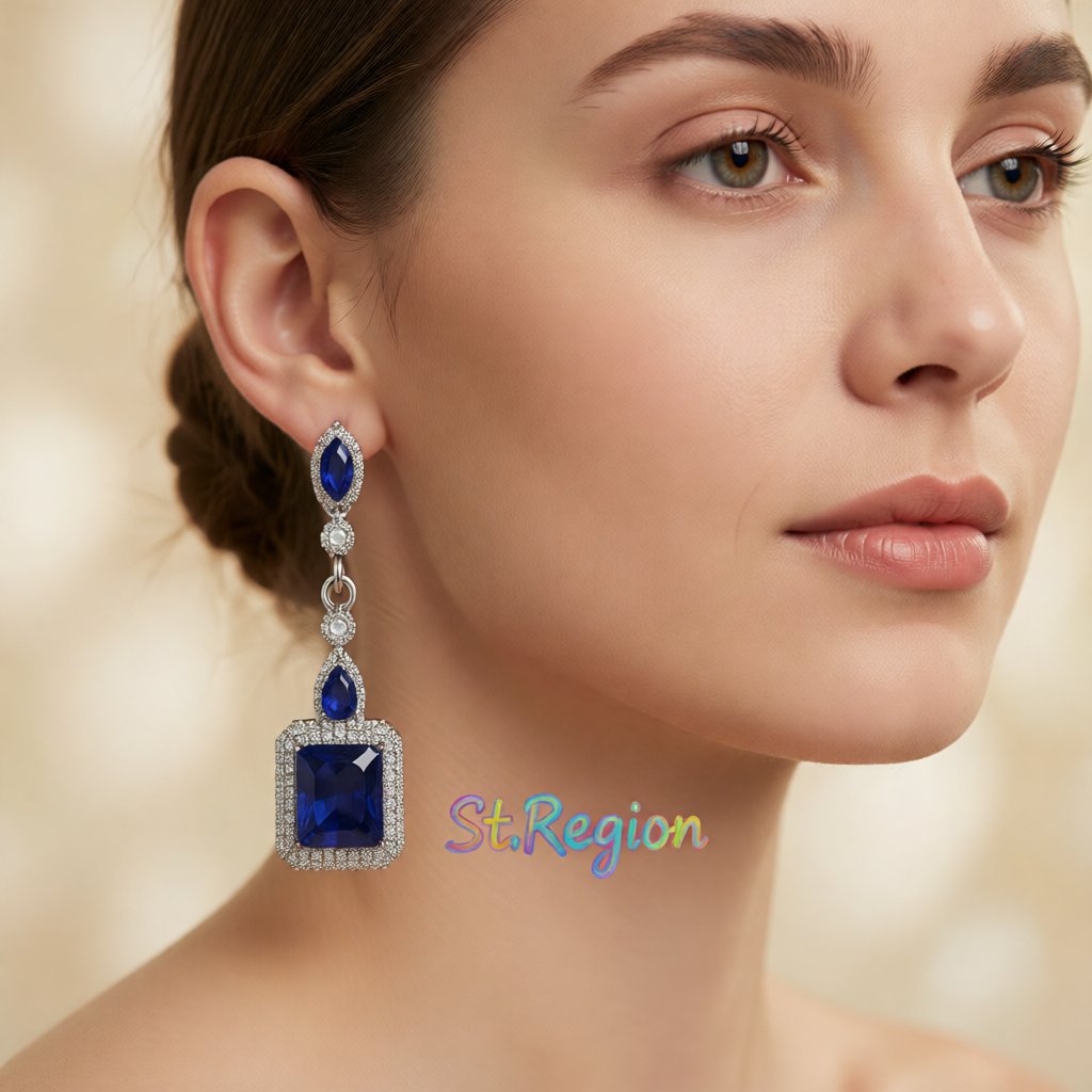 Navy Crystal and Silver-Plated Radiant-Cut Halo Drop Earrings, silver drop earrings for women, styled look