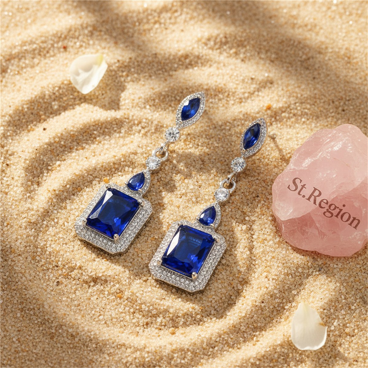 Navy Crystal and Silver-Plated Radiant-Cut Halo Drop Earrings, silver drop earrings for women, detail close-up