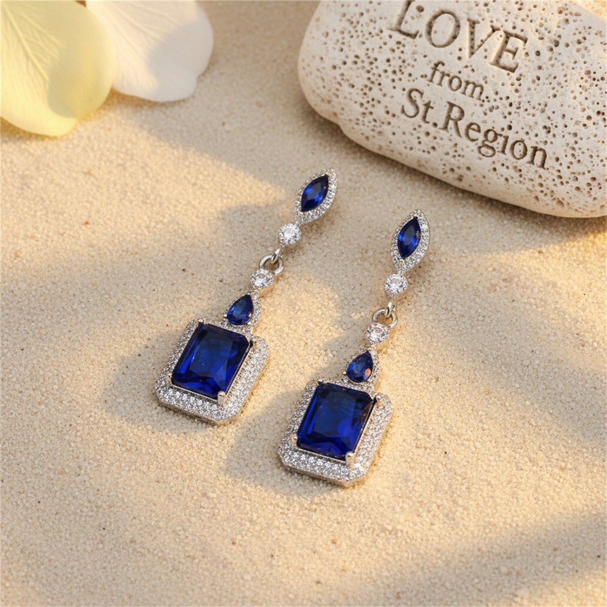 Navy Crystal and Silver-Plated Radiant-Cut Halo Drop Earrings, silver drop earrings for women, lifestyle look