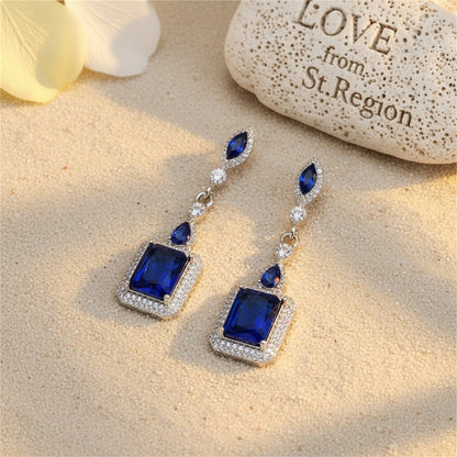 Navy Crystal and Silver-Plated Radiant-Cut Halo Drop Earrings, silver drop earrings for women, lifestyle look