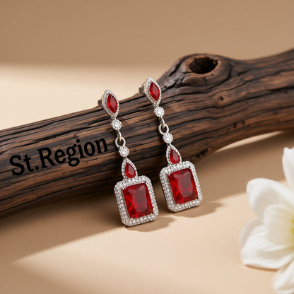 Red Crystal and Silver-Plated Square Drop Earrings, silver drop earrings for women, dainty minimalist design, front view