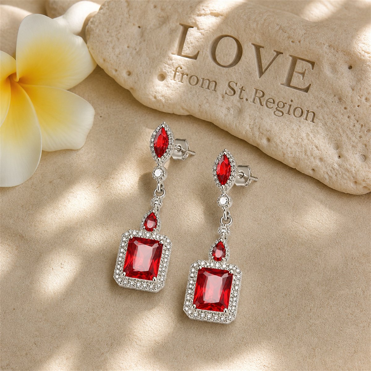 Red Crystal and Silver-Plated Square Drop Earrings, silver drop earrings for women, dainty minimalist design, lifestyle look