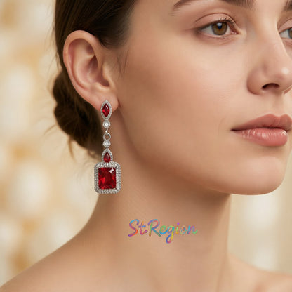 Red Crystal and Silver-Plated Square Drop Earrings, silver drop earrings for women, dainty minimalist design, styled look