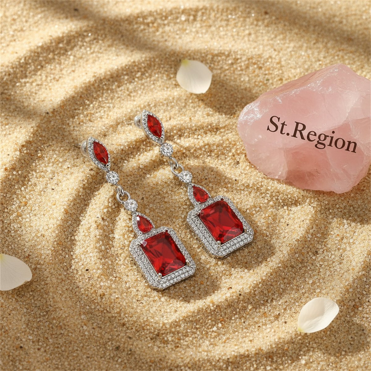 Red Crystal and Silver-Plated Square Drop Earrings, silver drop earrings for women, dainty minimalist design, detail close-up