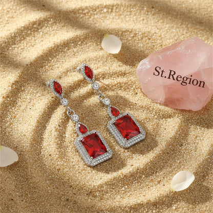 Red Crystal and Silver-Plated Square Drop Earrings, silver drop earrings for women, dainty minimalist design, detail close-up