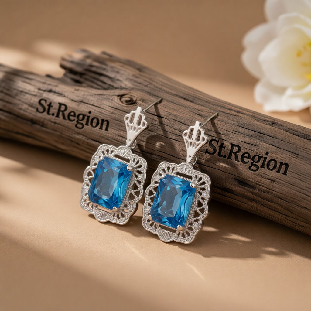 Blue Crystal and Silver-Plated Floral Radiant-Cut Drop Earrings, silver drop earrings for women, front view