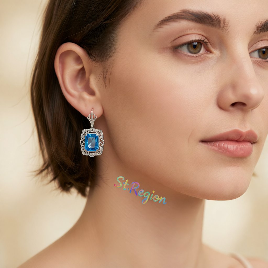 Blue Crystal and Silver-Plated Floral Radiant-Cut Drop Earrings, silver drop earrings for women, styled look