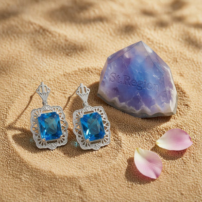 Blue Crystal and Silver-Plated Floral Radiant-Cut Drop Earrings, silver drop earrings for women, detail close-up