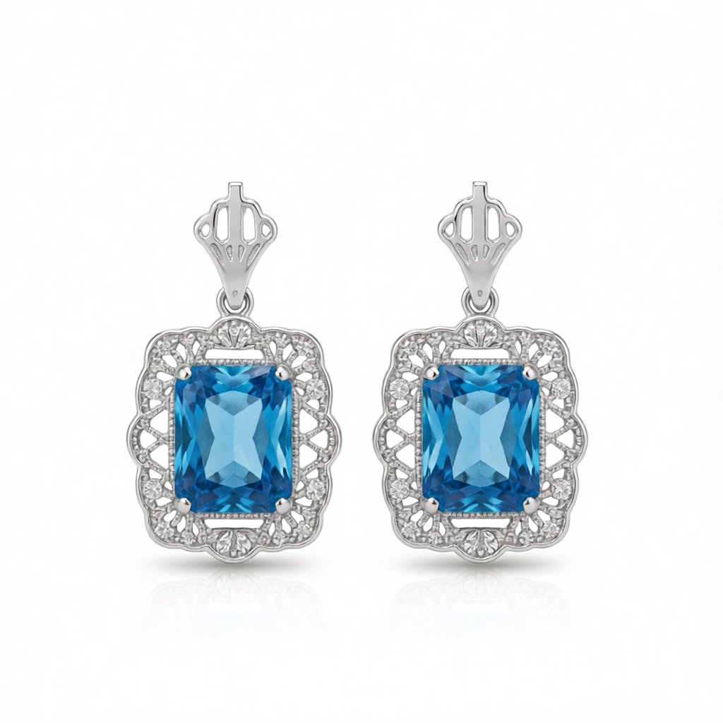 Blue Crystal and Silver-Plated Floral Radiant-Cut Drop Earrings, silver drop earrings for women, side view