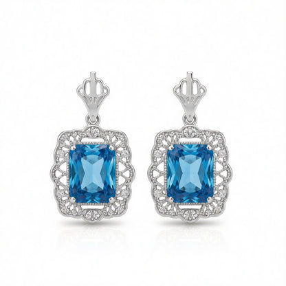 Blue Crystal and Silver-Plated Floral Radiant-Cut Drop Earrings, silver drop earrings for women, side view