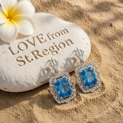 Blue Crystal and Silver-Plated Floral Radiant-Cut Drop Earrings, silver drop earrings for women, lifestyle look