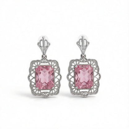 Pink Crystal & Silver-Plated Radient-Cut Drop Earrings