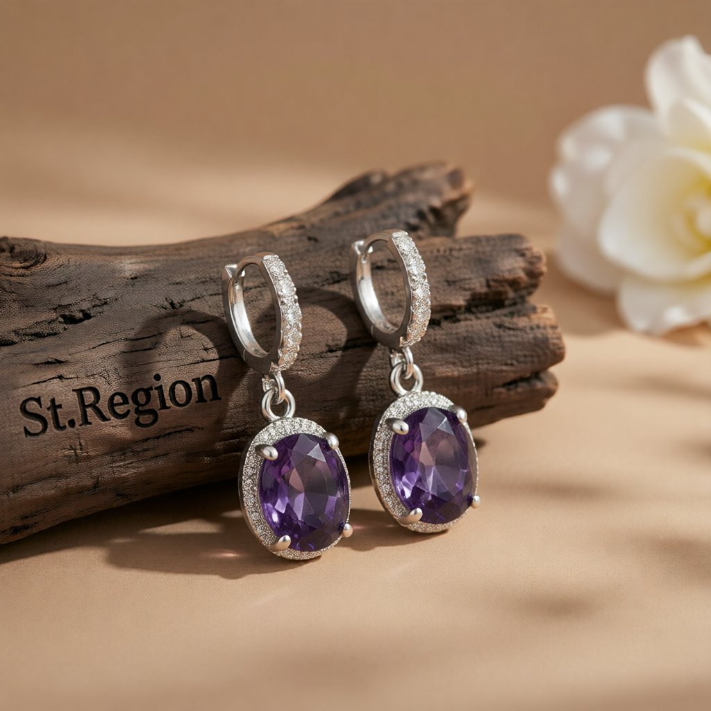 Purple Crystal and Cubic Zirconia Oval Drop Earrings, huggie earrings, dainty minimalist design, front view