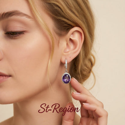 Purple Crystal and Cubic Zirconia Oval Drop Earrings, huggie earrings, dainty minimalist design, styled look