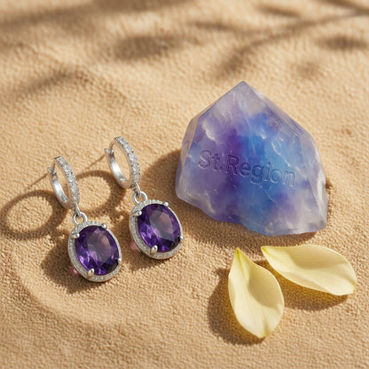 Purple Crystal and Cubic Zirconia Oval Drop Earrings, huggie earrings, dainty minimalist design, detail close-up