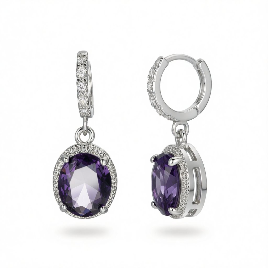 Purple Crystal and Cubic Zirconia Oval Drop Earrings, huggie earrings, dainty minimalist design, side view