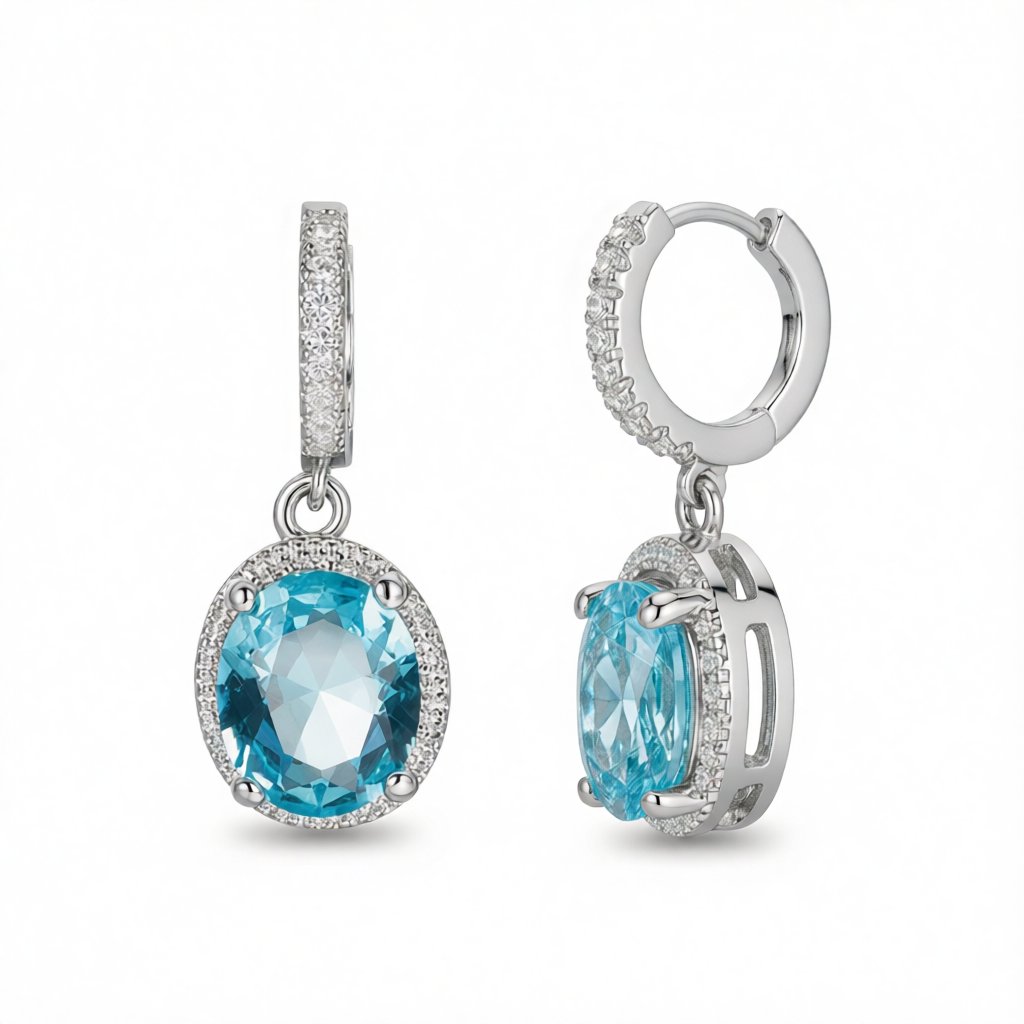 Sea Blue Crystal and Silver-Plated Halo Oval Drop Earrings, silver huggie earrings, everyday style, side view