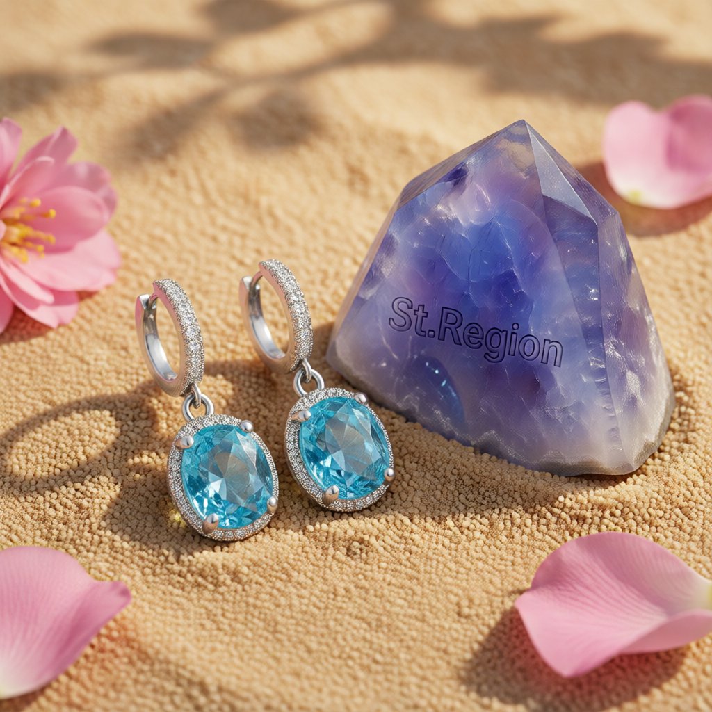 Sea Blue Crystal and Silver-Plated Halo Oval Drop Earrings, silver huggie earrings, everyday style, detail close-up