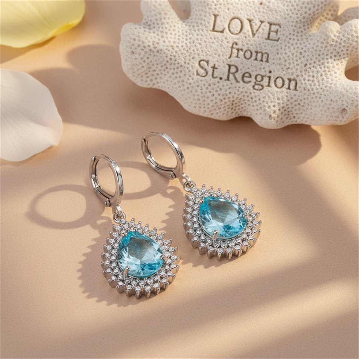 Blue Crystal and Silver-Plated Pear-Cut Halo Drop Earrings, silver huggie earrings, botanical inspired, lifestyle look