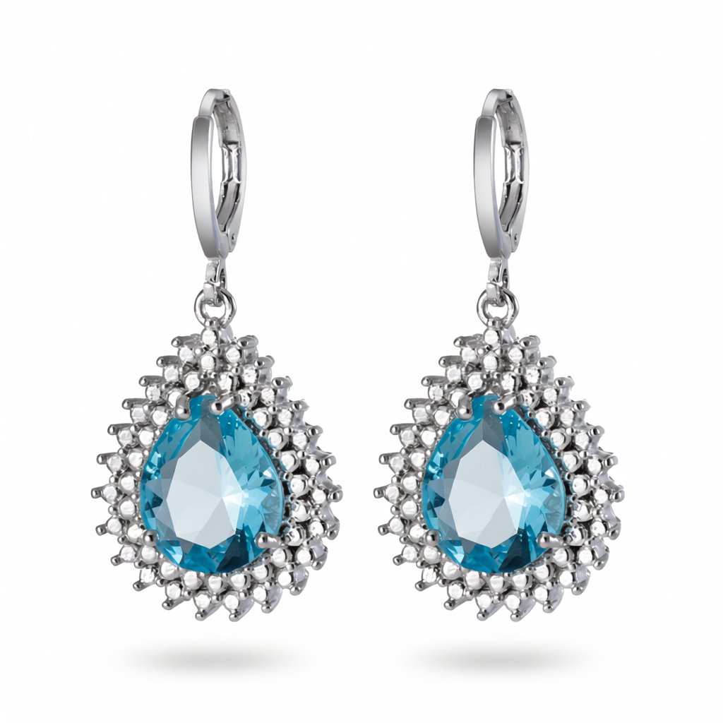 Blue Crystal and Silver-Plated Pear-Cut Halo Drop Earrings, silver huggie earrings, botanical inspired, side view