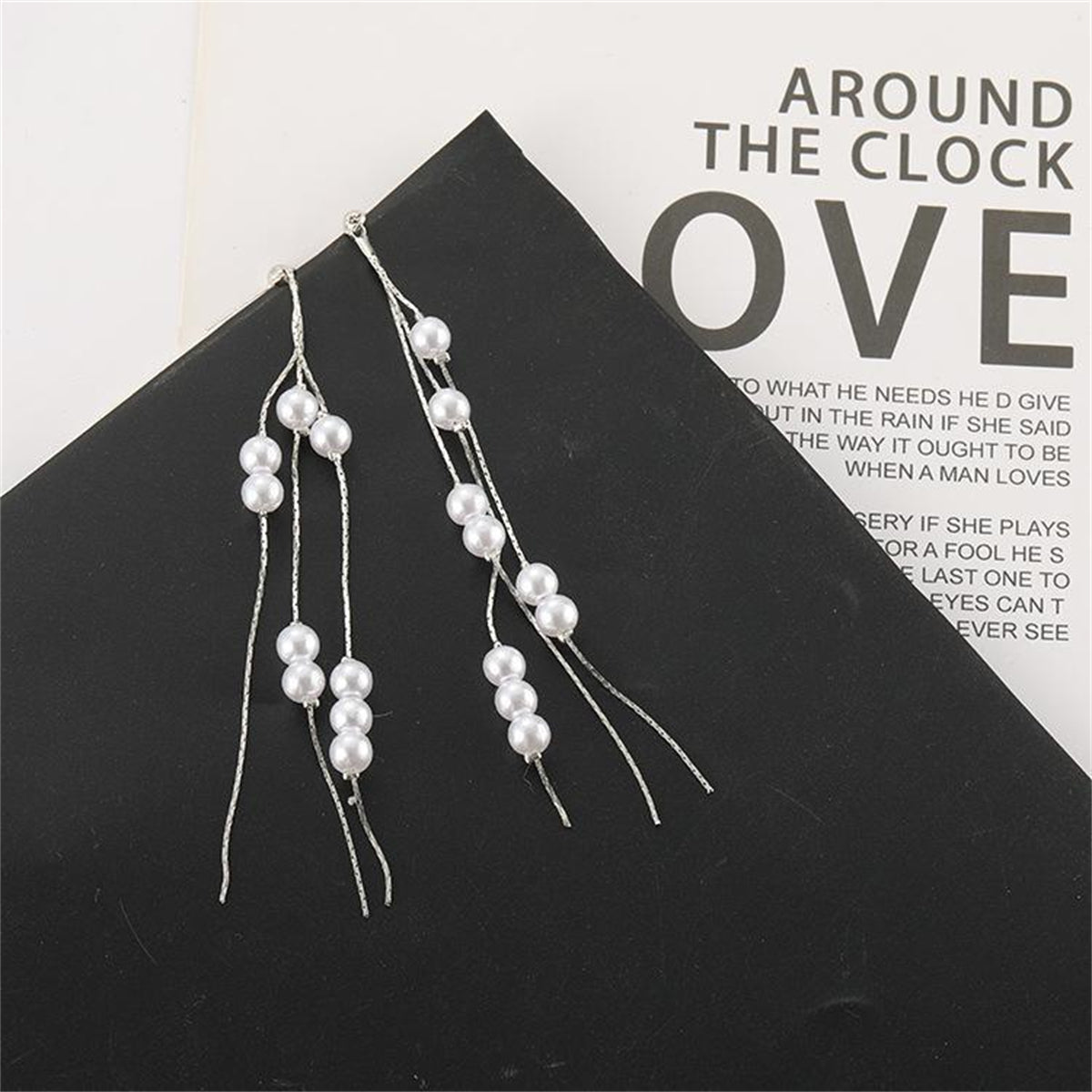 Pearl and Silver-Plated Cluster Tassel Dangle Earrings, silver drop earrings for women, dainty minimalist design, side view