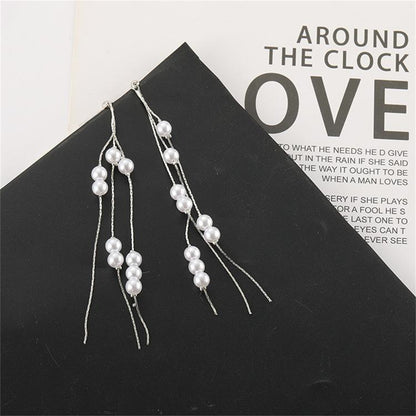 Pearl and Silver-Plated Cluster Tassel Dangle Earrings, silver drop earrings for women, dainty minimalist design, side view