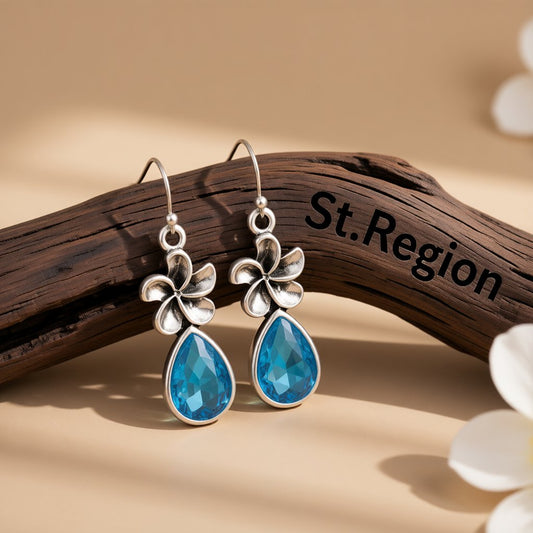 Sea Blue Crystal and Silver-Plated Windmill Drop Earrings, silver drop earrings for women, everyday style, front view
