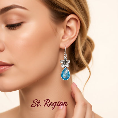 Sea Blue Crystal and Silver-Plated Windmill Drop Earrings, silver drop earrings for women, everyday style, styled look