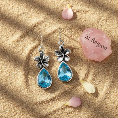 Sea Blue Crystal and Silver-Plated Windmill Drop Earrings, silver drop earrings for women, everyday style, detail close-up