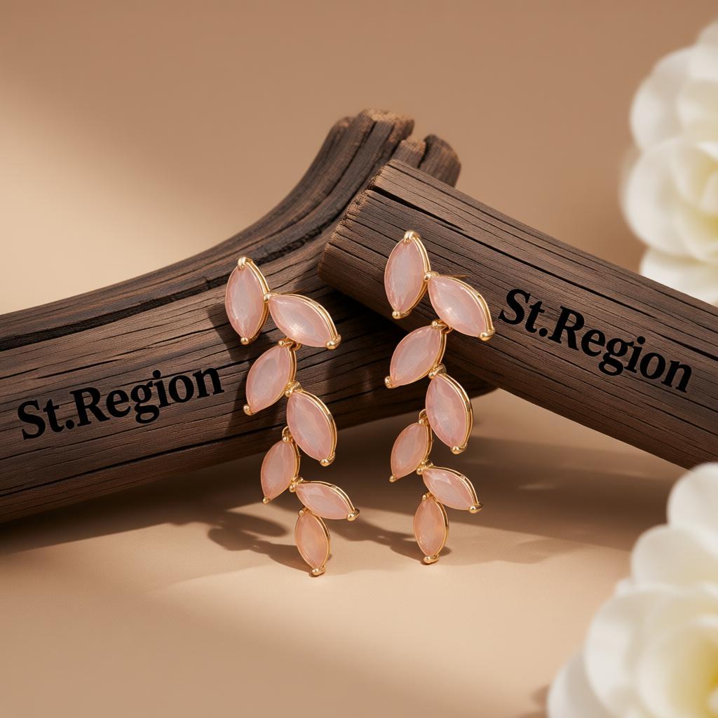 Pink Crystal and 18K Gold-Plated Leaves Drop Earrings, gold drop earrings for women, elegant gift for her, front view
