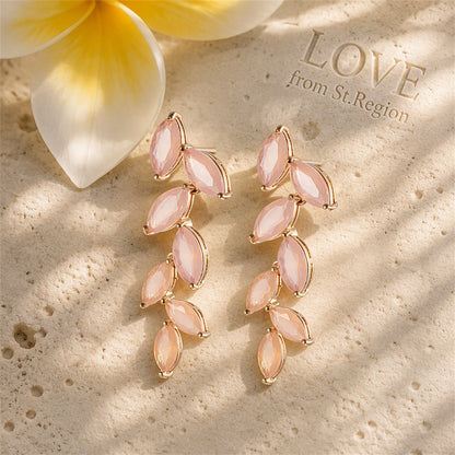 Pink Crystal and 18K Gold-Plated Leaves Drop Earrings, gold drop earrings for women, elegant gift for her, lifestyle look