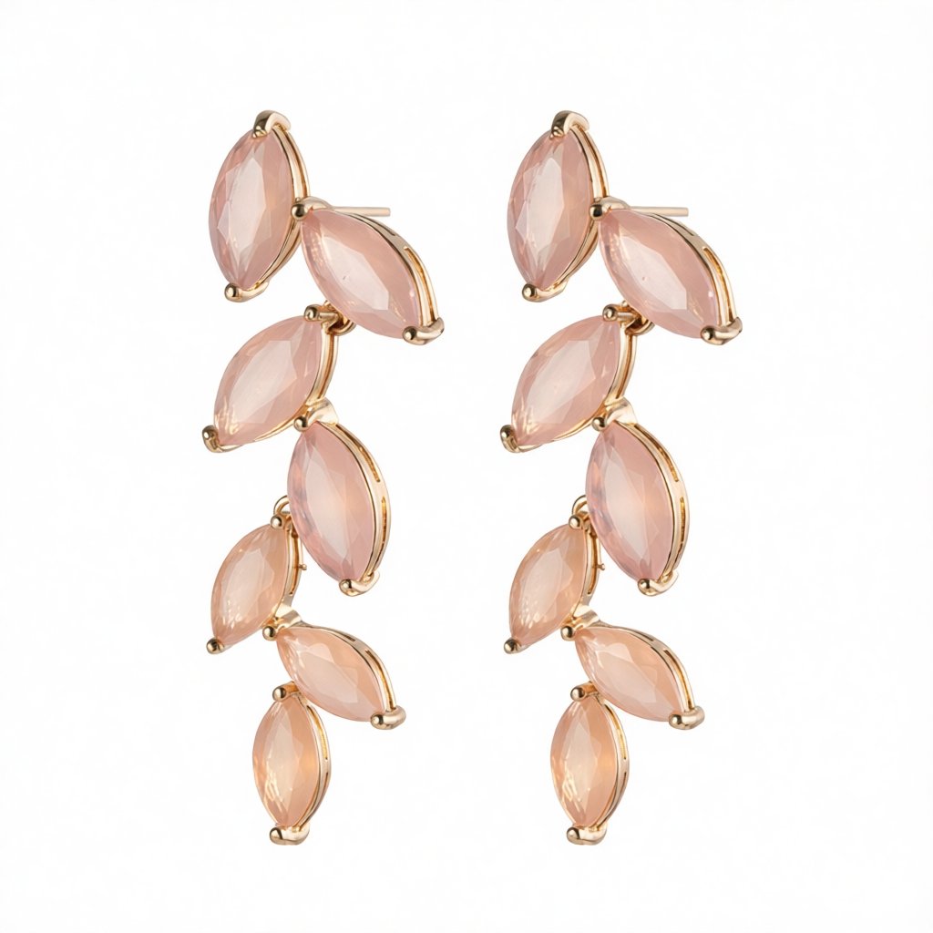 Pink Crystal and 18K Gold-Plated Leaves Drop Earrings, gold drop earrings for women, elegant gift for her, side view